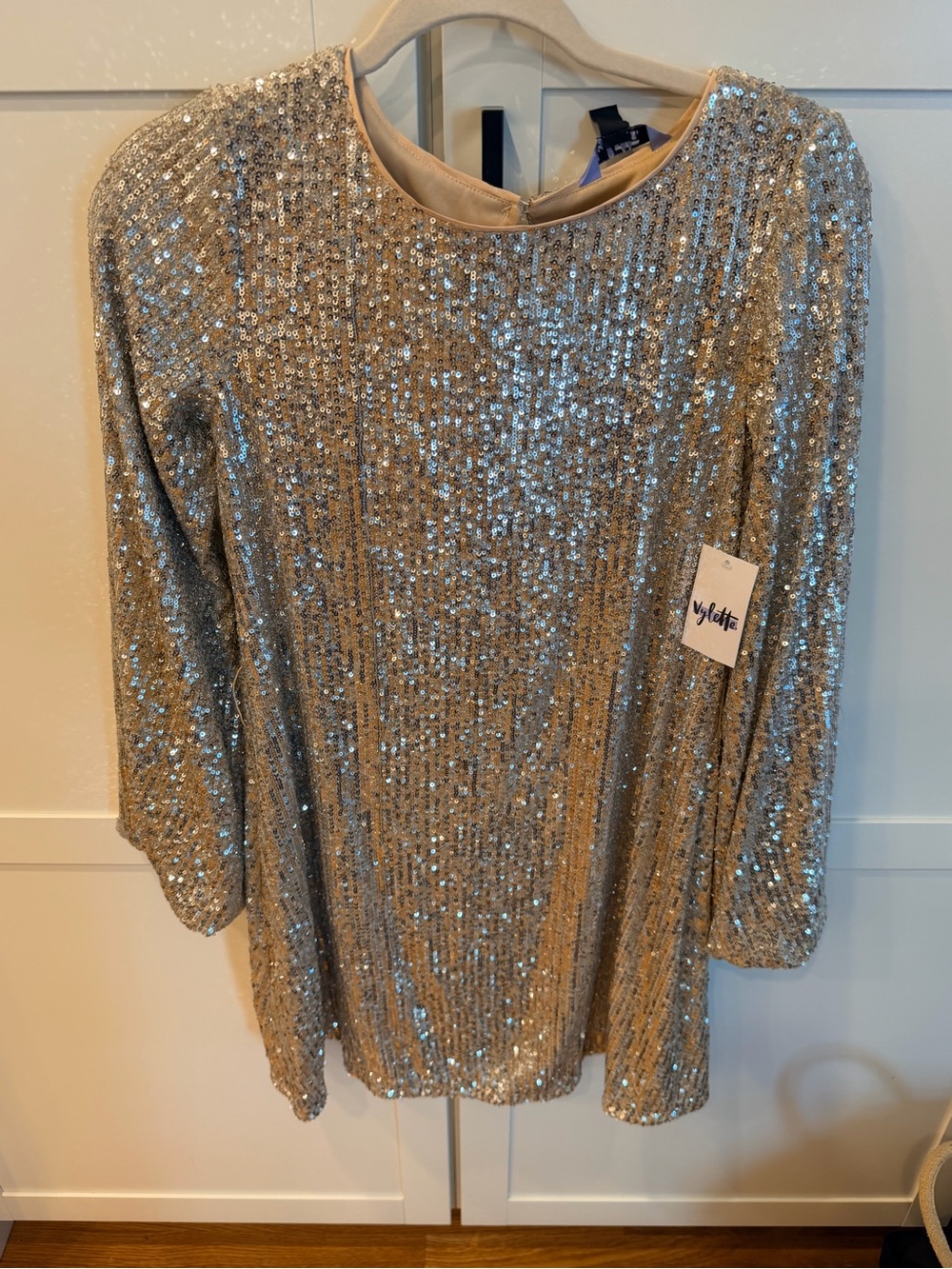Sequin Long Sleeve Shift Dress in Silver - W118 by W118